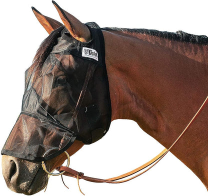 Black Cashel riding fly mask showing mesh transparency