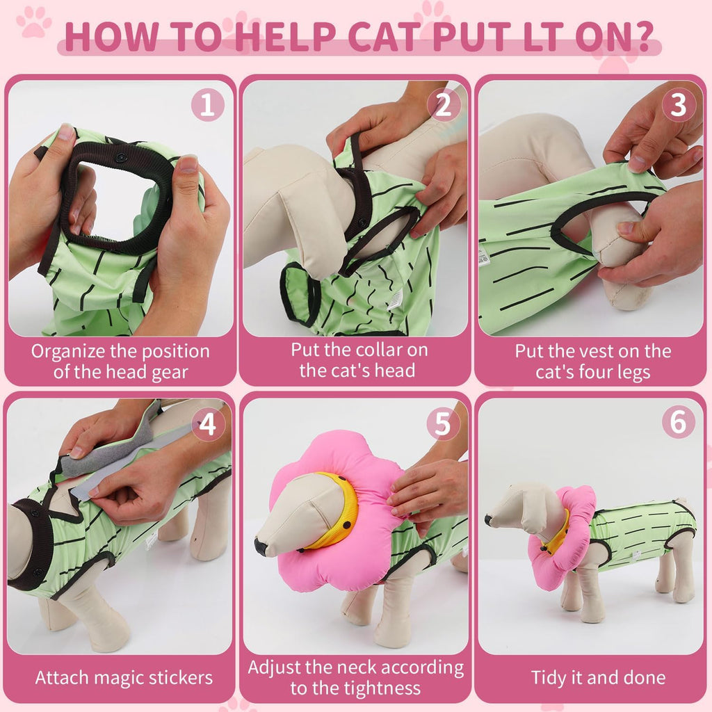 EMUST 2PCS Cat Recovery Suit and Cat Surgery Suit, Cute Cats Surgical Suit for Abdominal Wounds or Skin Diseases, Adjustable Flower Neck Cats Cone Collar Soft for 4-8lb(Green, M) - Image 9