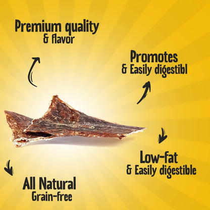 Bite sized all natural grass fed beef esophagus chips spread out on table