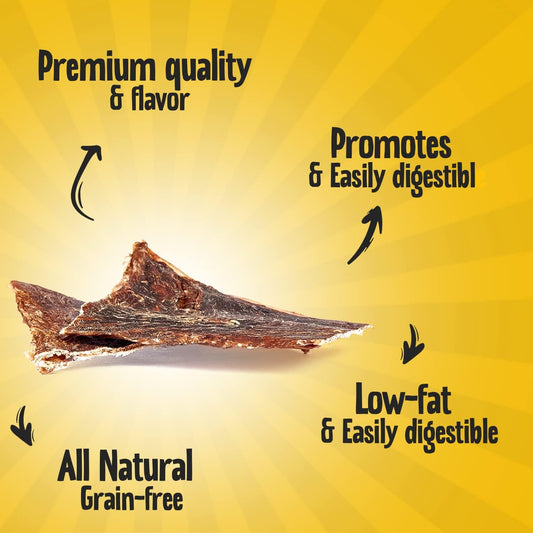 Bite sized all natural grass fed beef esophagus chips spread out on table