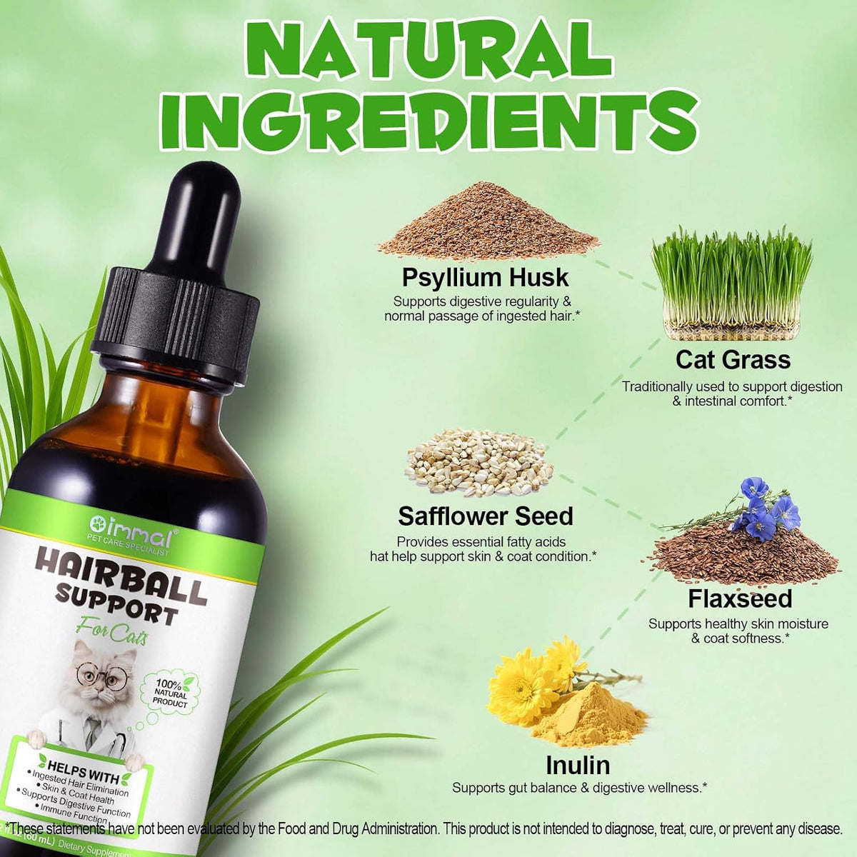 Natural hairball treatment liquid for kittens featuring the cat grass flavor profile label.
