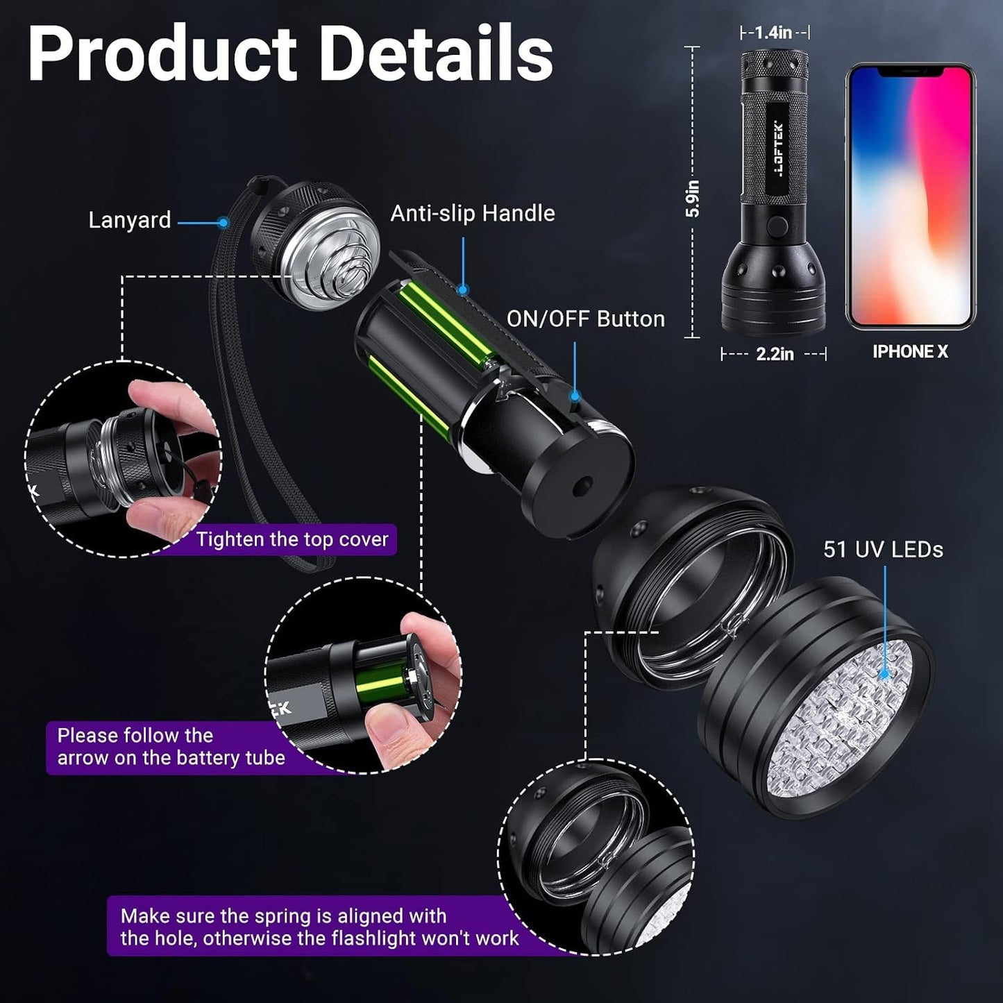 Portable UV light detector with attached wrist strap layout