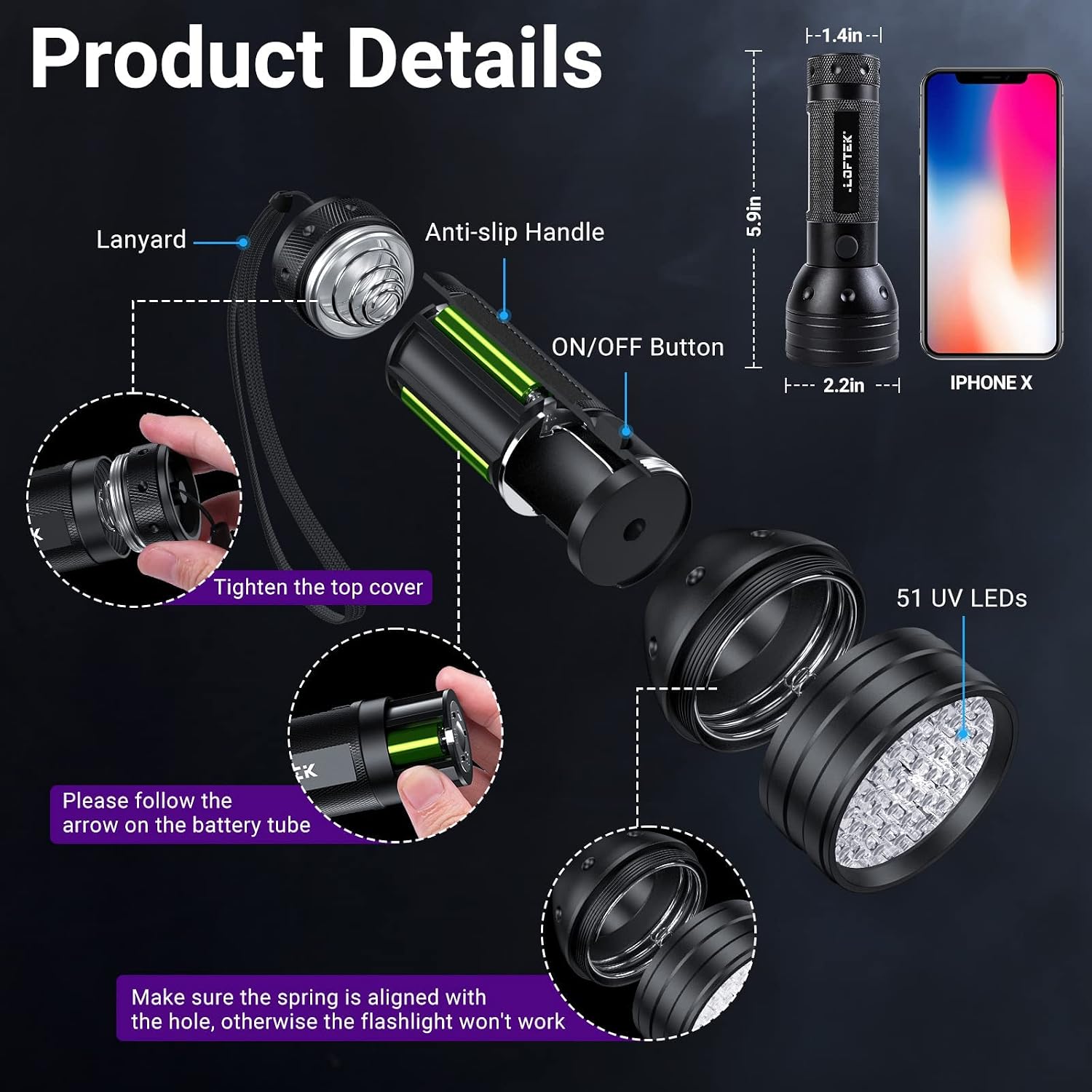 Portable UV light detector with attached wrist strap layout