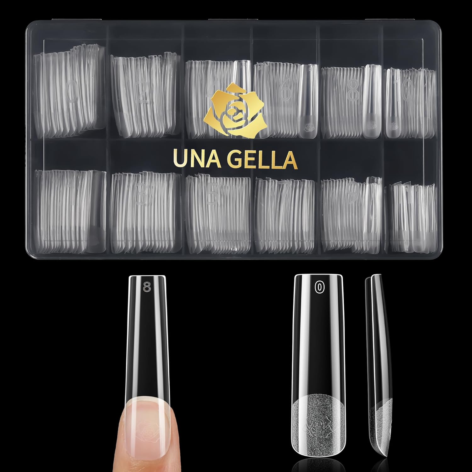 UNA GELLA extra long square nail tips in a 240 piece pre-buffed clear extension kit fake nails