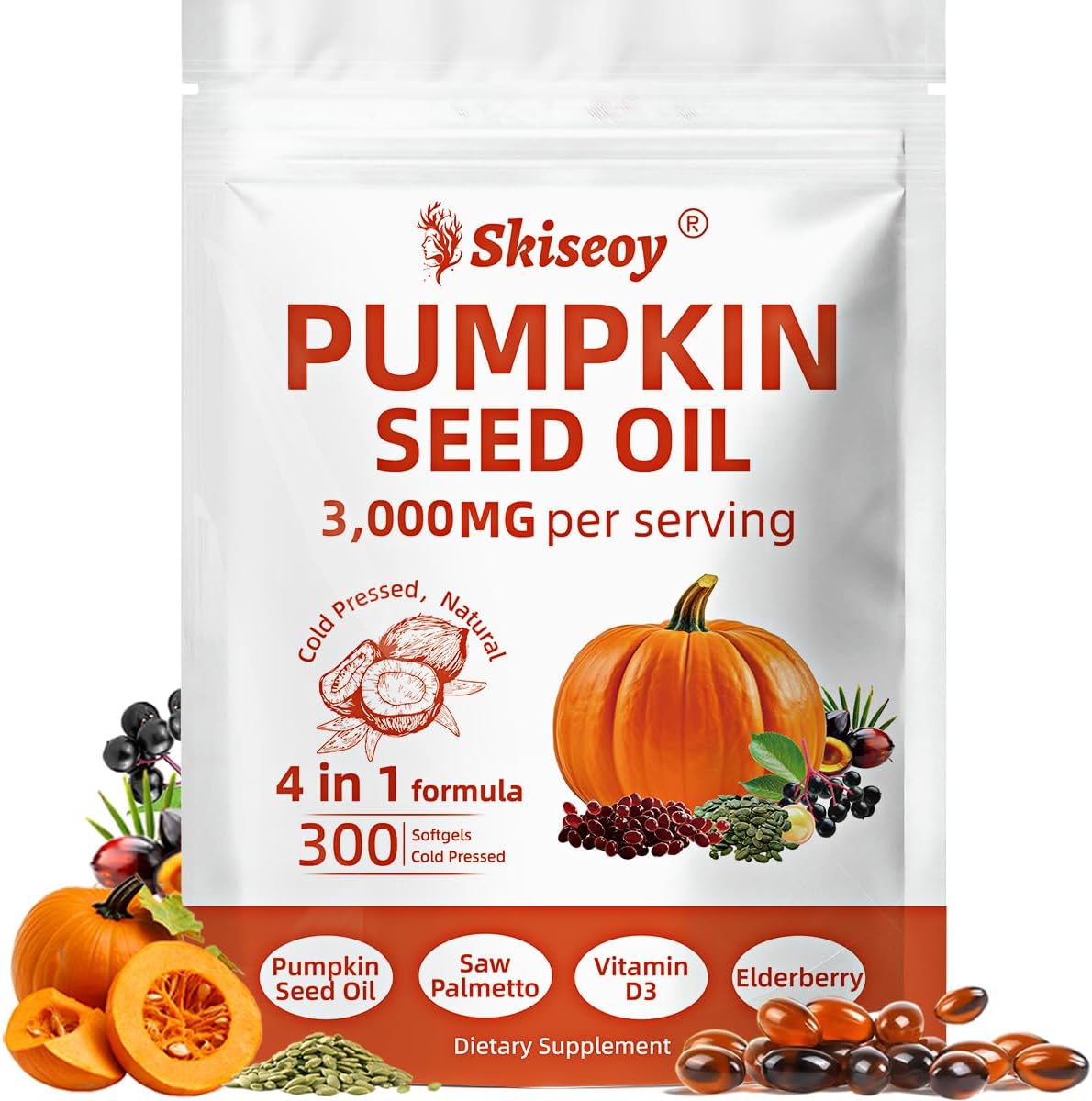 Kitabio Skiseoy Pumpkin Seed Oil and Saw Palmetto 300 Softgels front view