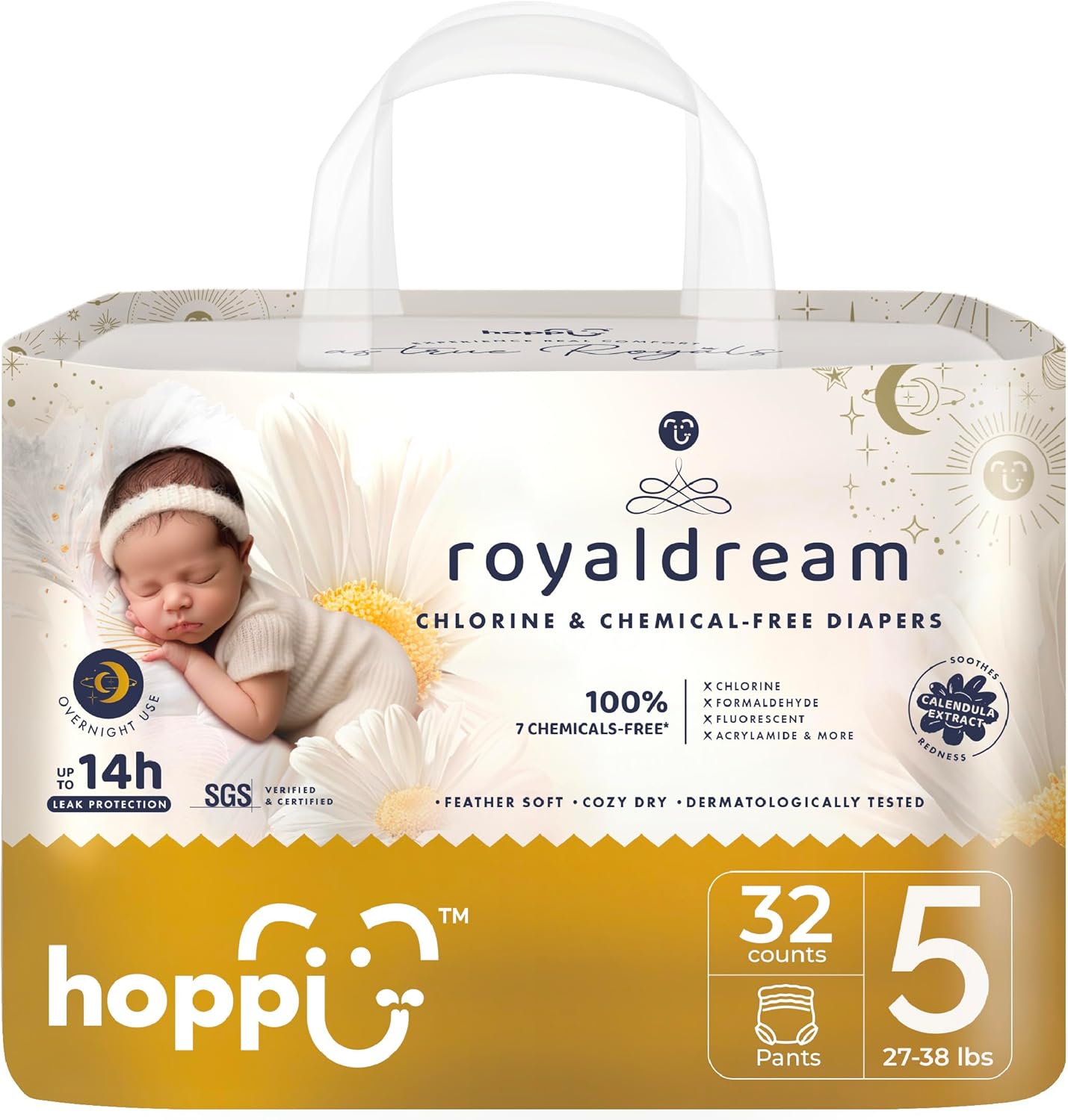 Hoppi Potty Training Pants Size 5 front pack view showcasing the disposable toddler pull up design.