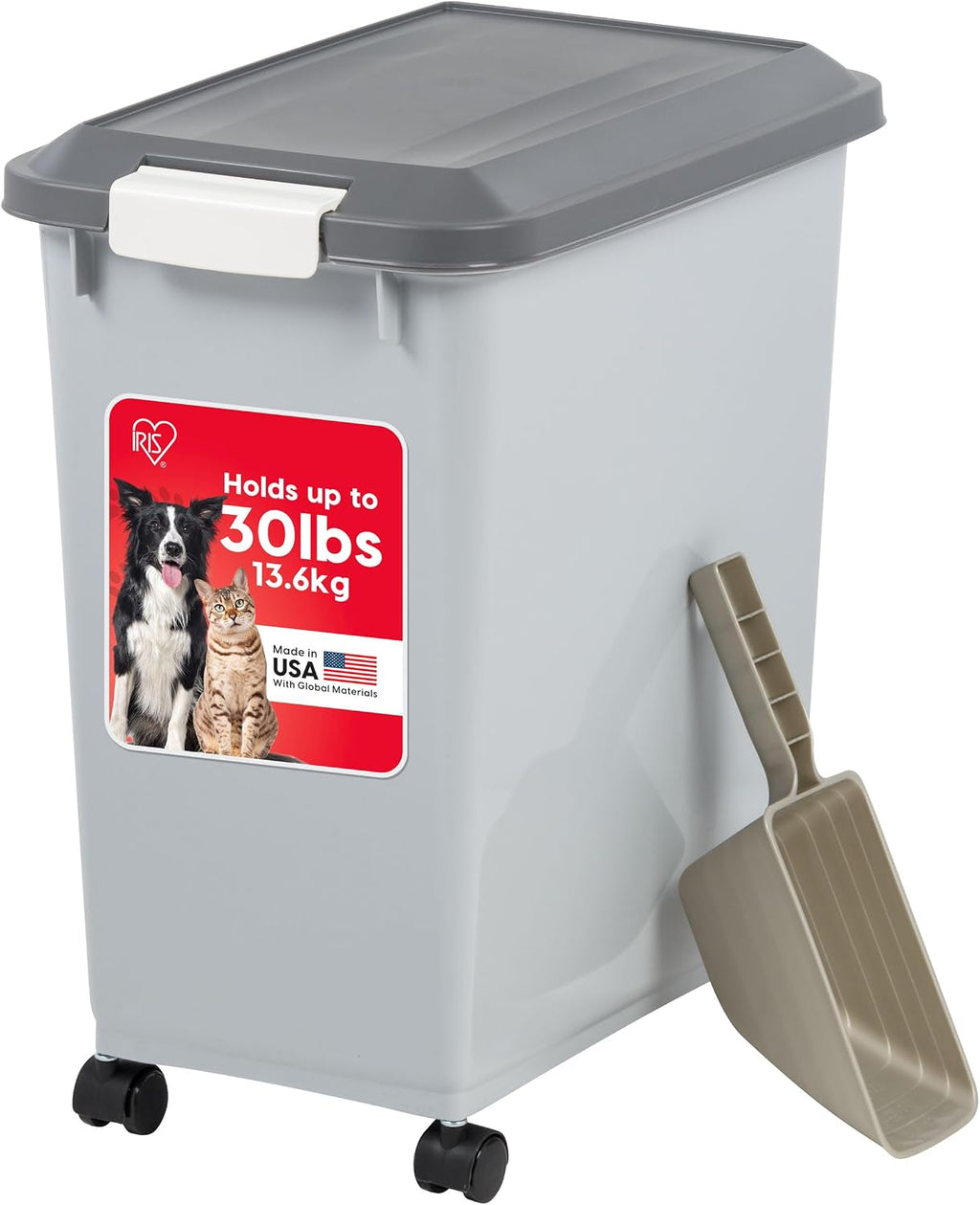 IRIS USA Dog Food Storage Container with Wheels, Airtight Lid, 2-Cup Scoop, Up to 40 Pounds Pet Food Storage, Built in Scoop Storage in Lid, Versatile Pet Food Bin, Portable, BPA Free, Gray/Dark Gray - Image 10