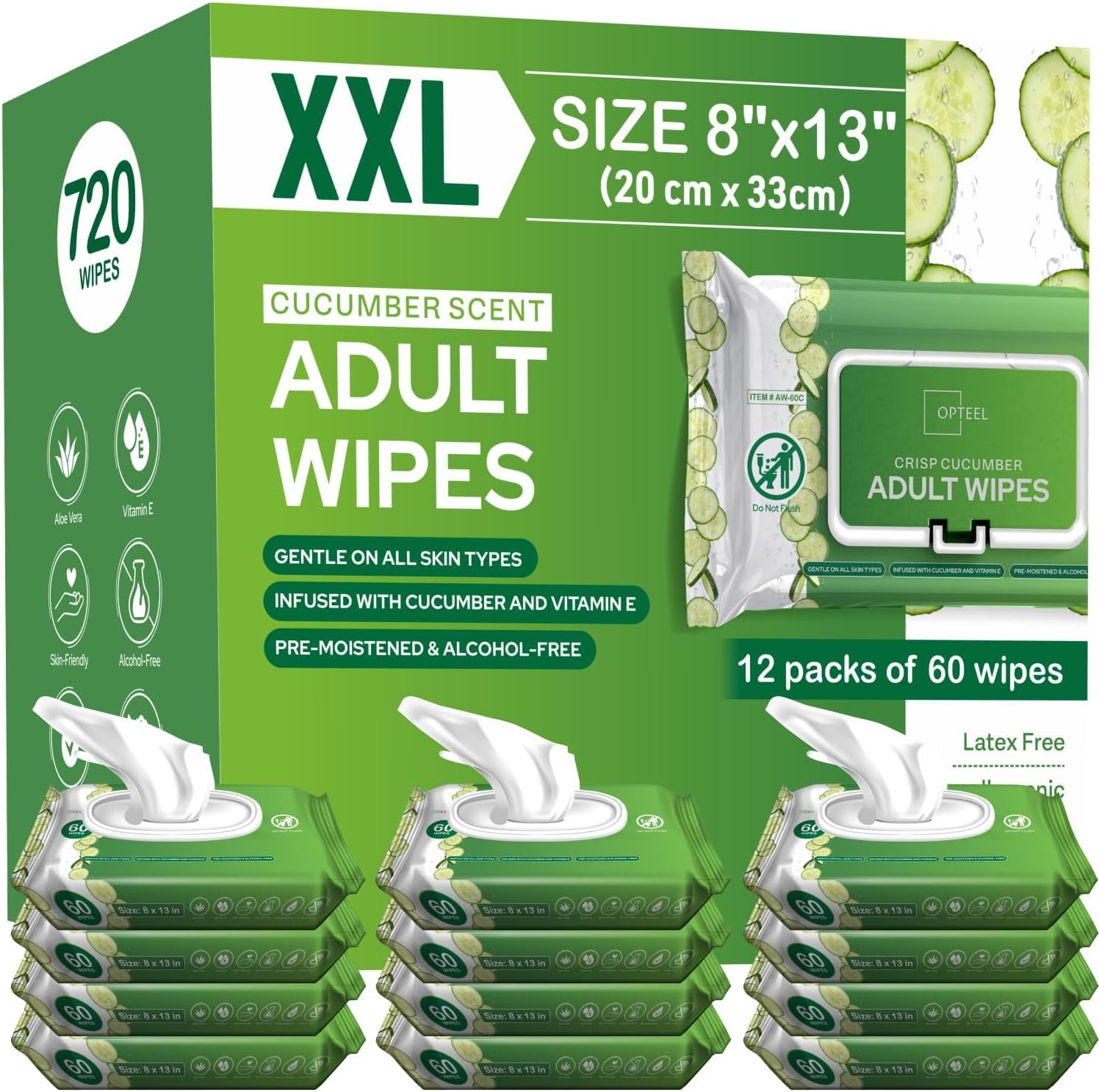 Opteel adult wipes extra large front view showing the cucumber scent packaging