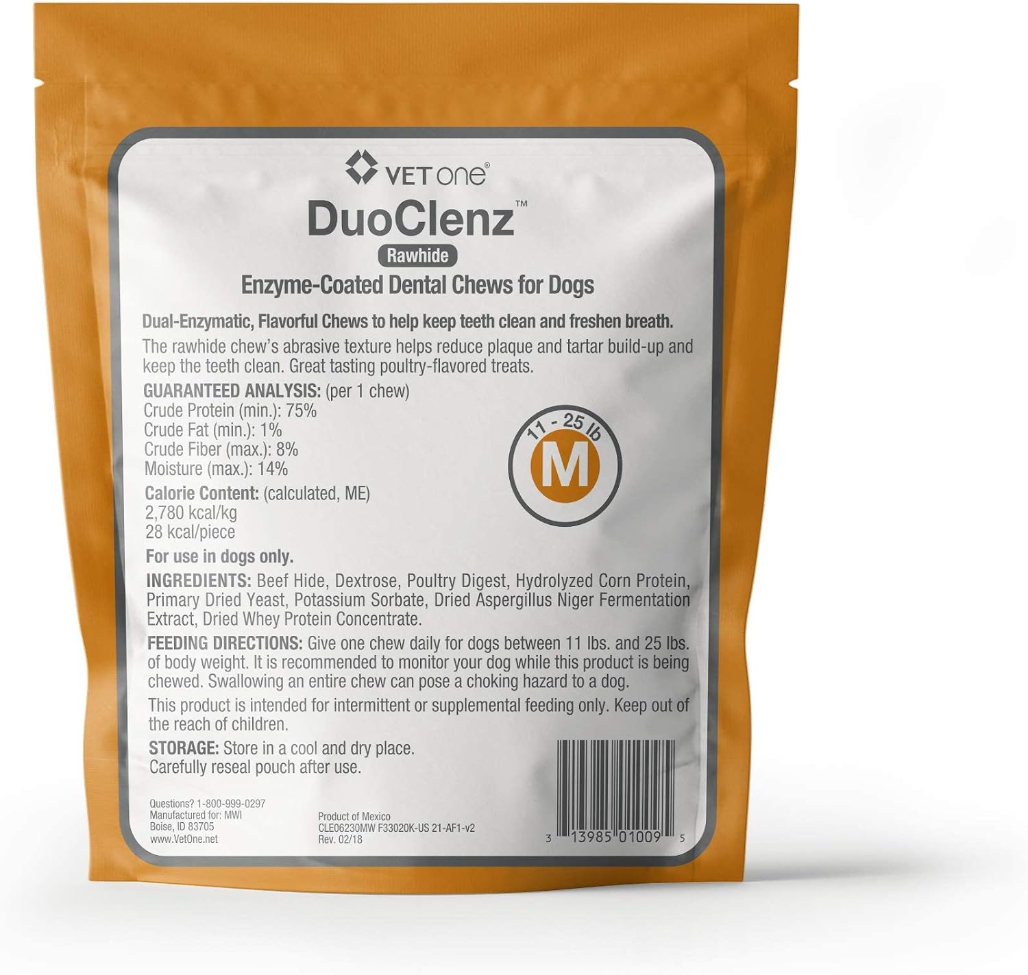 Vet One dental hygiene rawhide chew showing enzyme coated surface texture