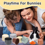 An array of eight multi colored matte finish rabbit toys of different sizes laid out to show the complete pet enrichment set.
