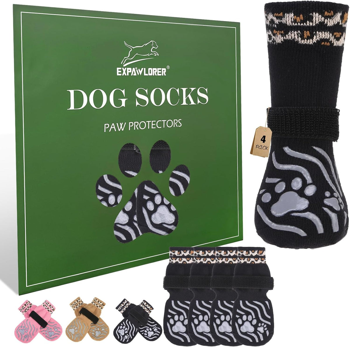 Expawlorer dog socks black extra large front view for paw protection