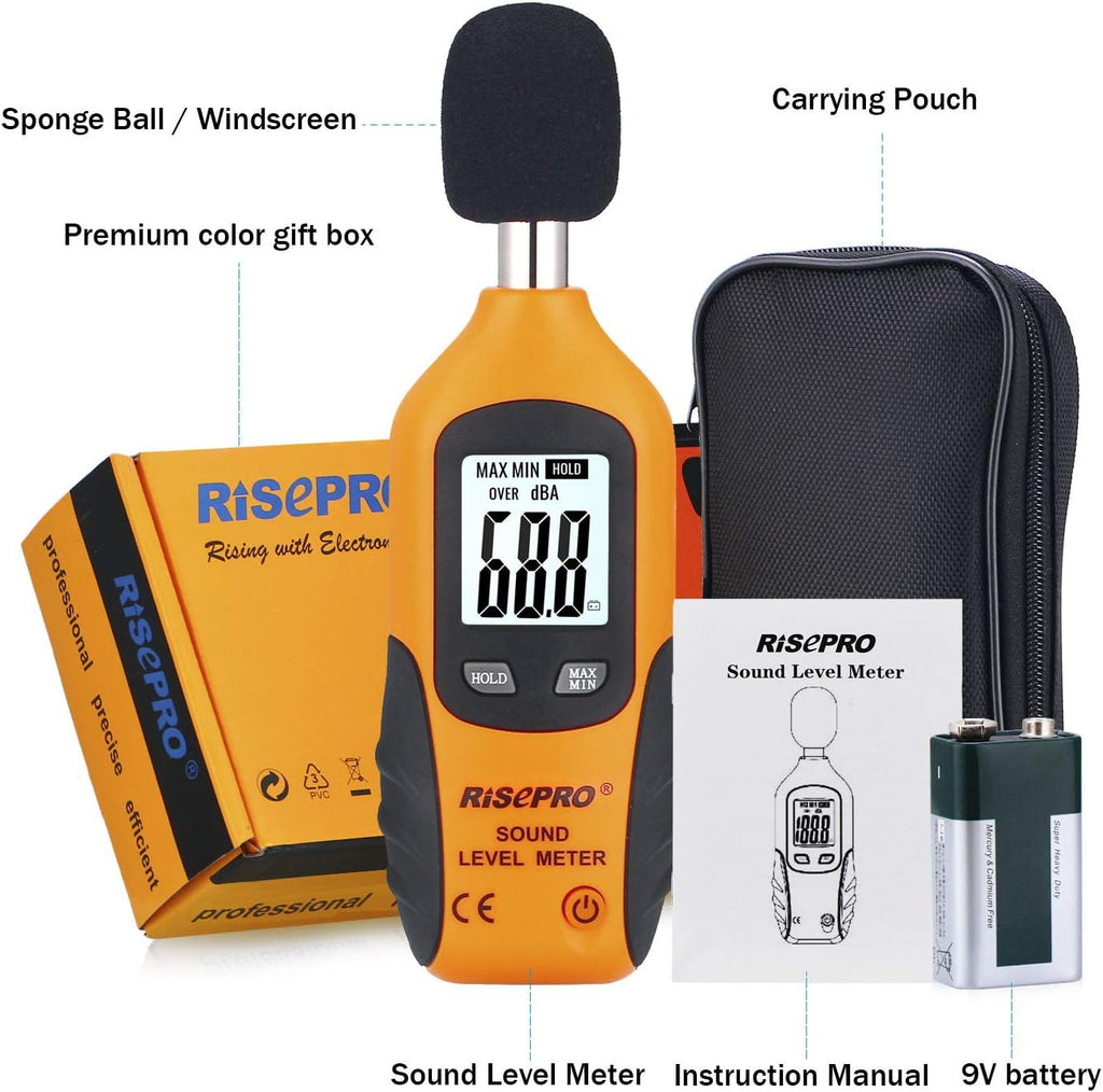 RISEPRO professional sound level meter illuminated in a dark setting using the built-in LCD backlight function.