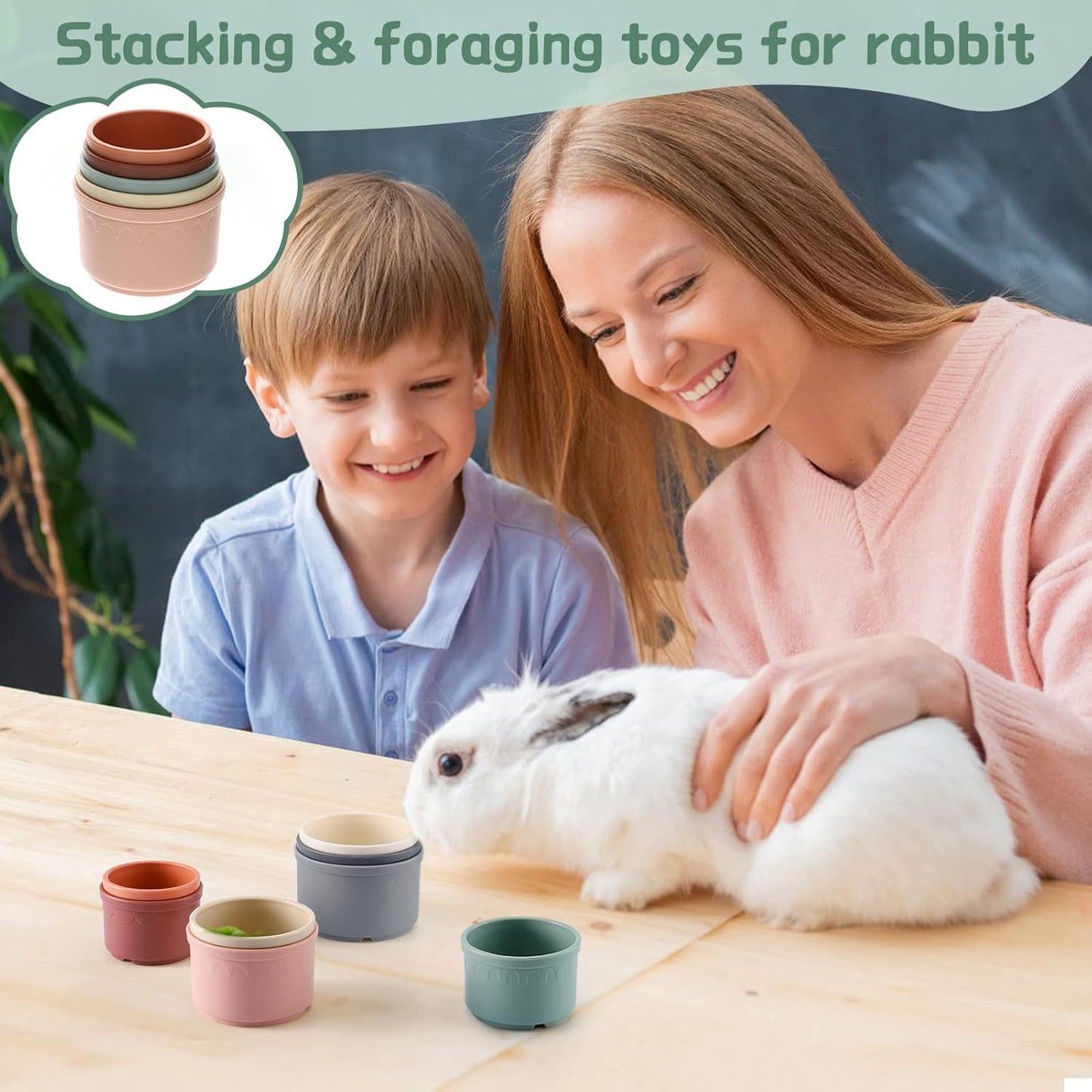 MEWTOGO bunny toys stacked upside down creating a tall rainbow colored tower