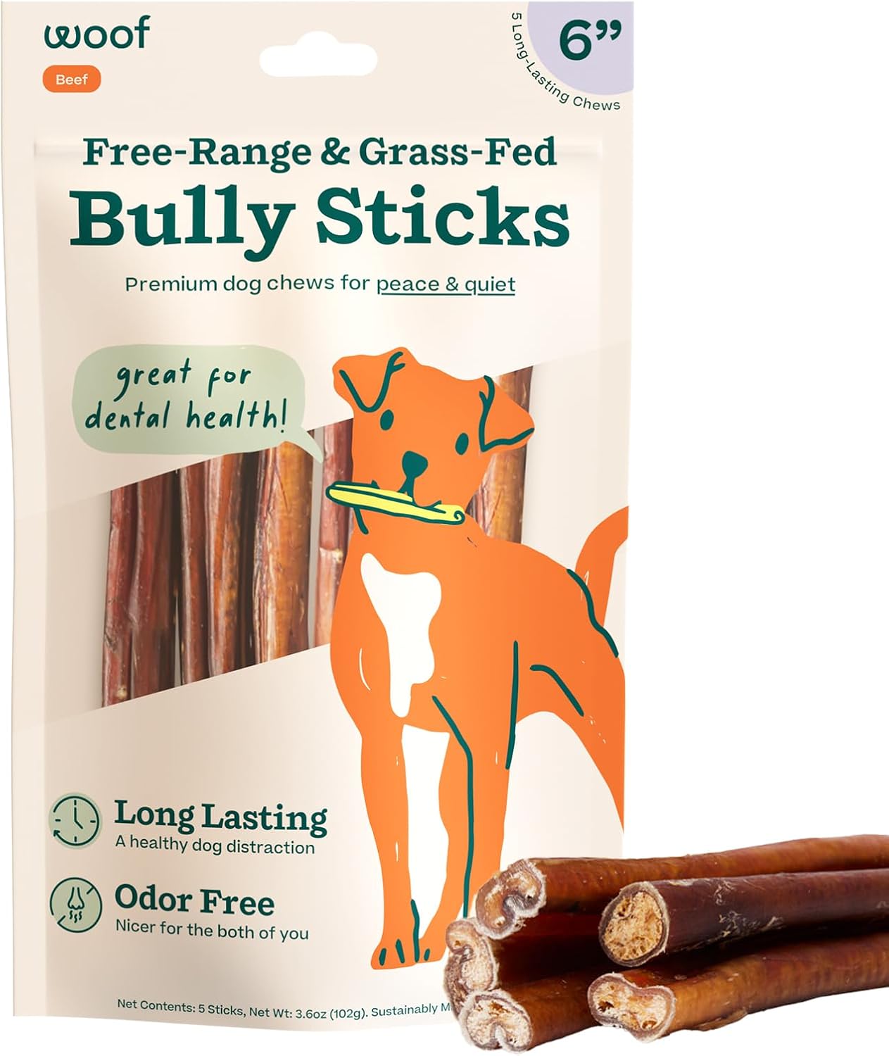WOOF Bully Sticks Dog Treats - Chew Sticks for Dogs - Long-Lasting Dog Chew Treats - Made with Free-Range, Grass-Fed Beef - 6" Sticks - 10pk - Image 11
