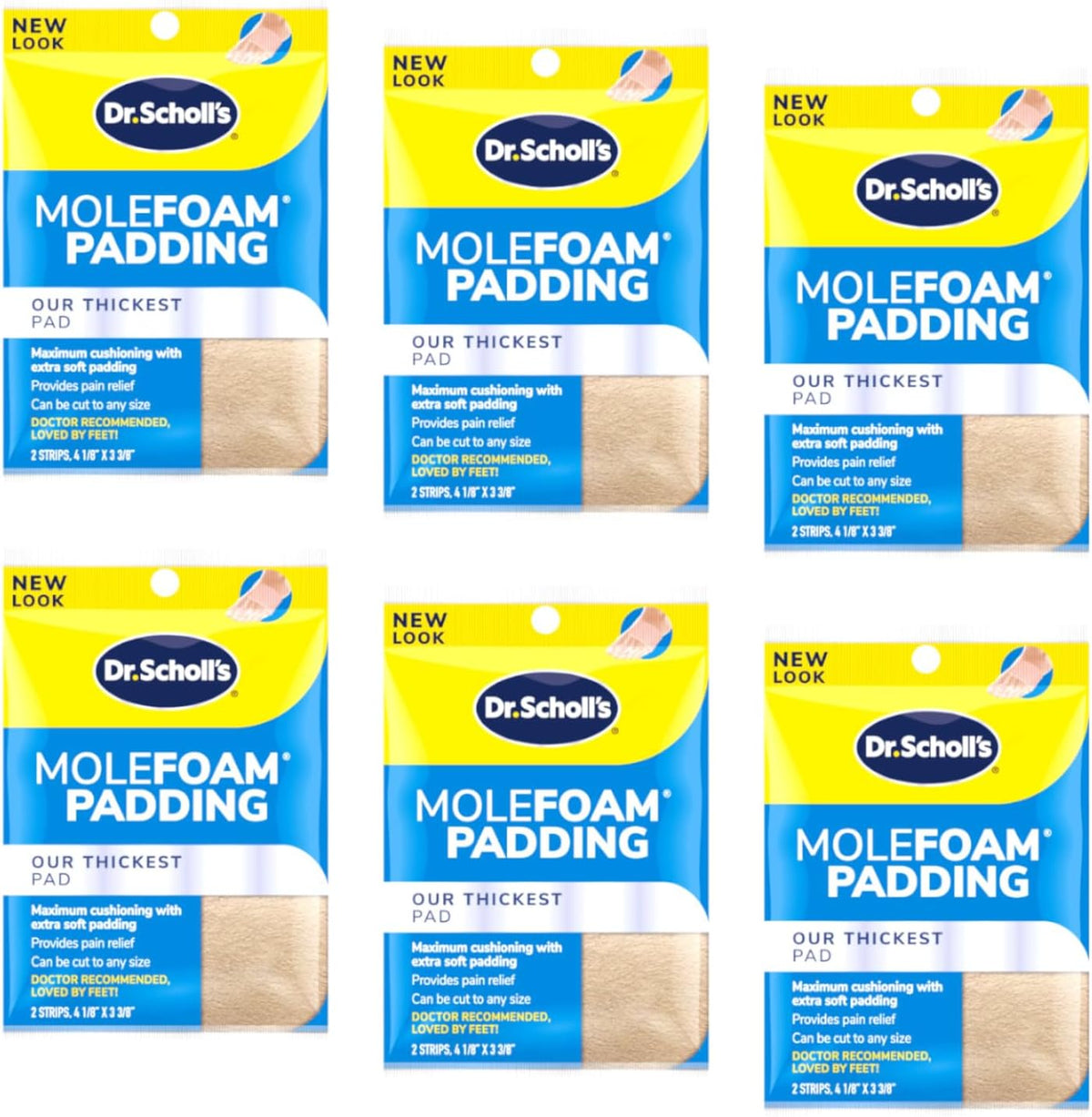 Dr. Scholl's Molefoam Padding front packaging showing thick foam strips for foot relief.