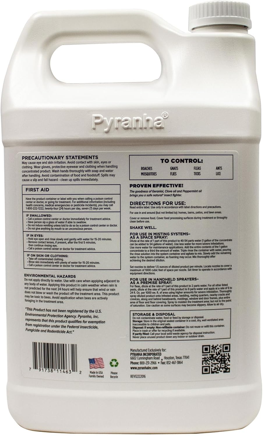 Pyranha Zero-Bite natural fly spray concentrate bottle showing botanical ingredient list