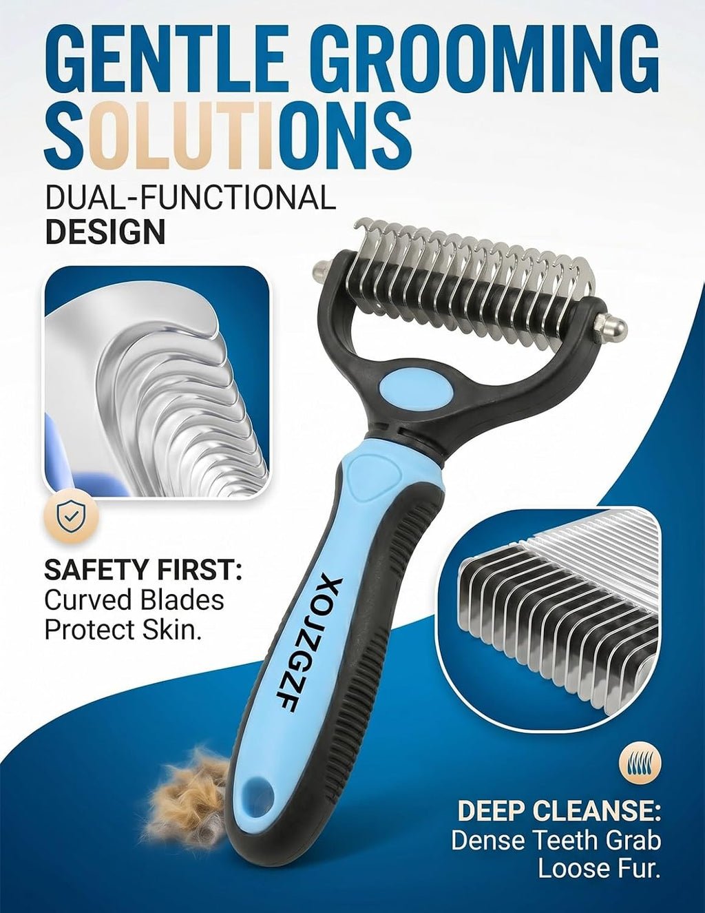 Professional pet groomer using Congzikji rake on long haired dog.