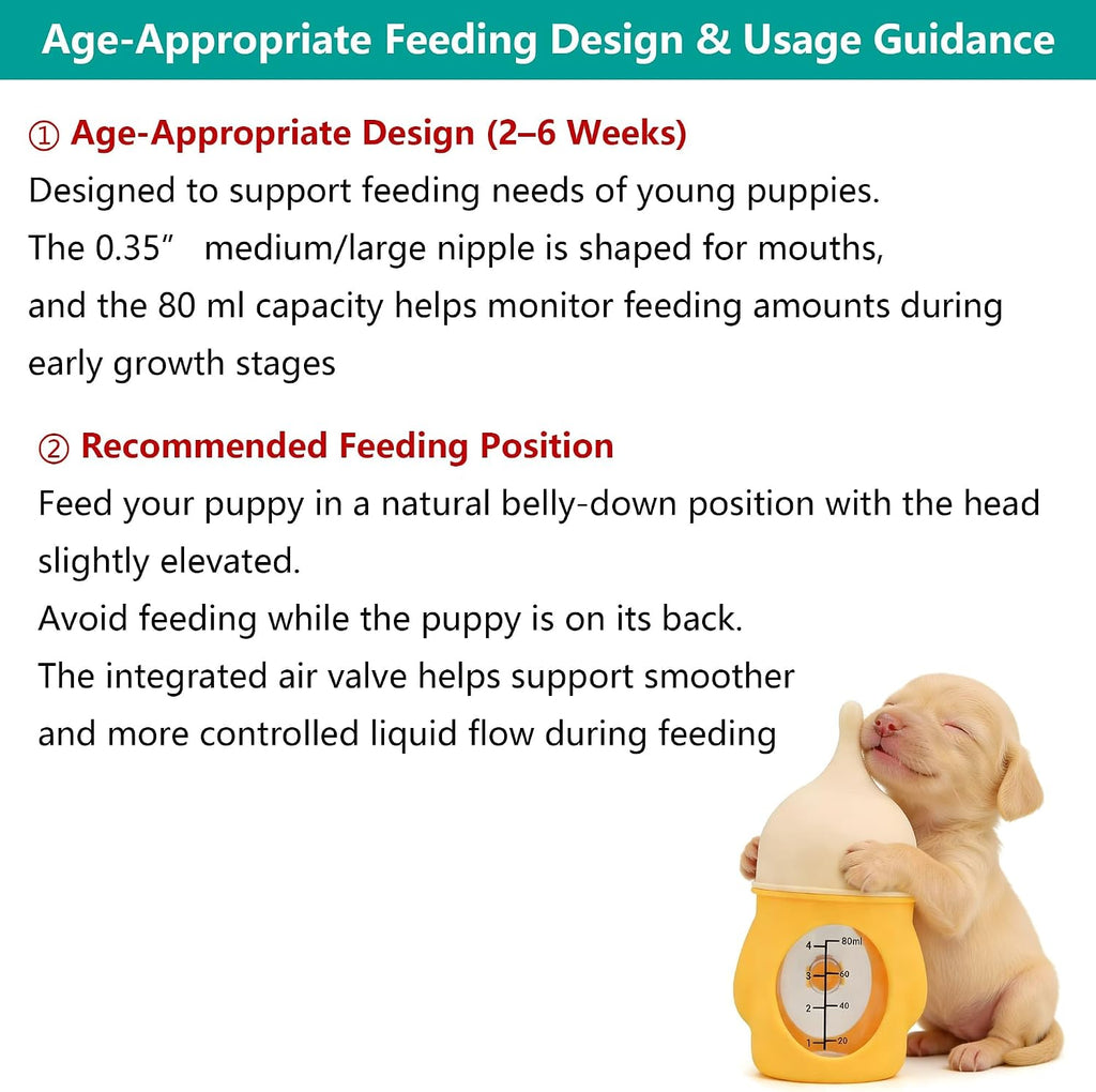 Eighty milliliters puppy bottle with soft silicone pacifier side profile