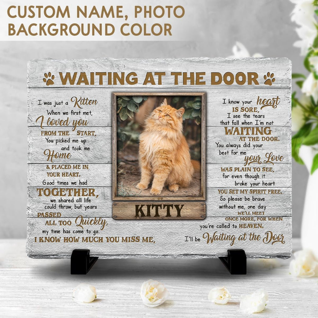 Kilyhome custom pet grave marker plaque mounted securely on its two piece black display stand