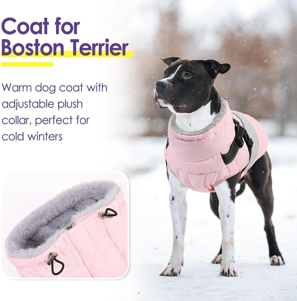 SUNFURA waterproof dog jacket back view highlighting the built-in harness straps and dual metal D-rings.