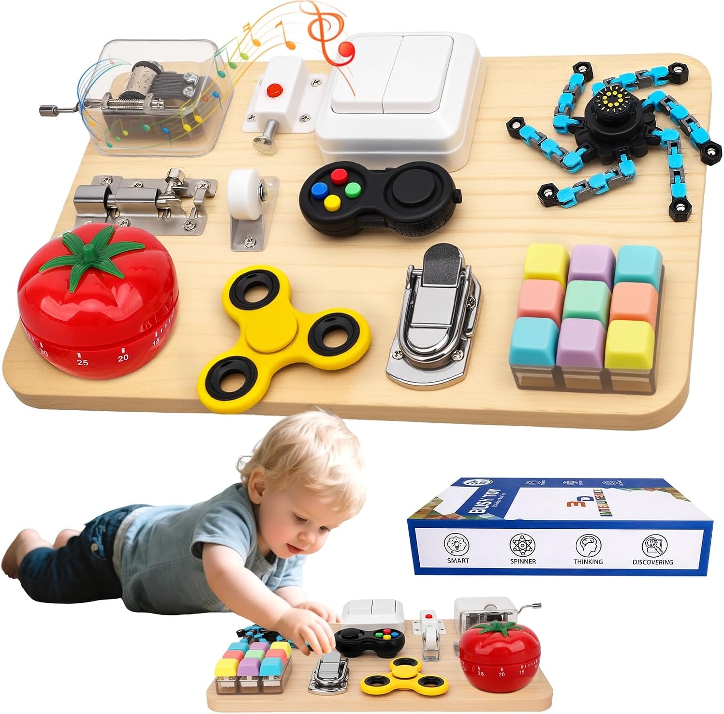 ABERLLS wooden montessori educational busy board toy front view showing interactive switches and latches
