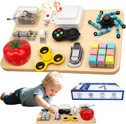 ABERLLS wooden montessori educational busy board toy front view showing interactive switches and latches