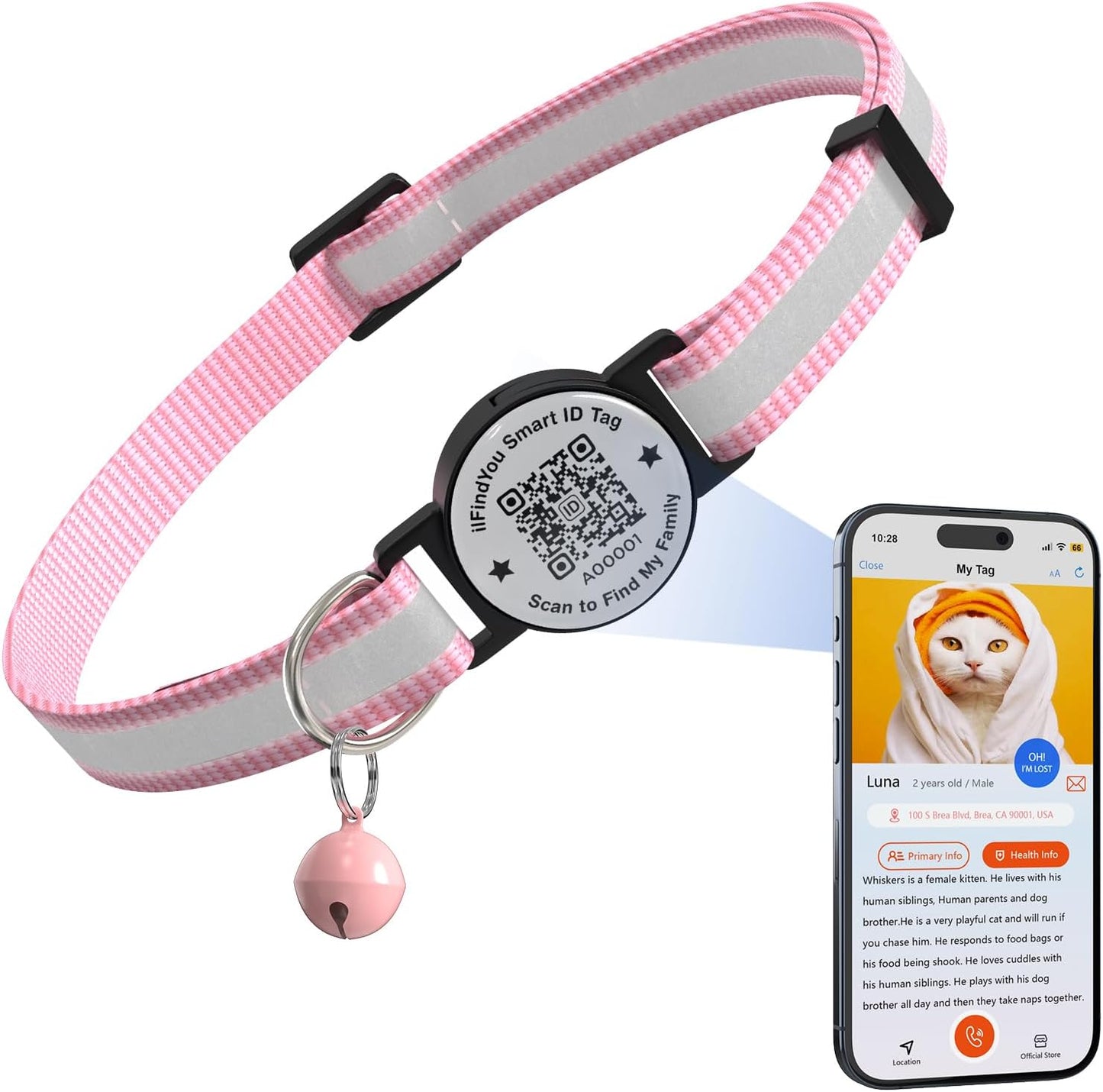 ILFINDYOU breakaway cat collar front view showing the pink reflective strap and attached smart QR code tag.
