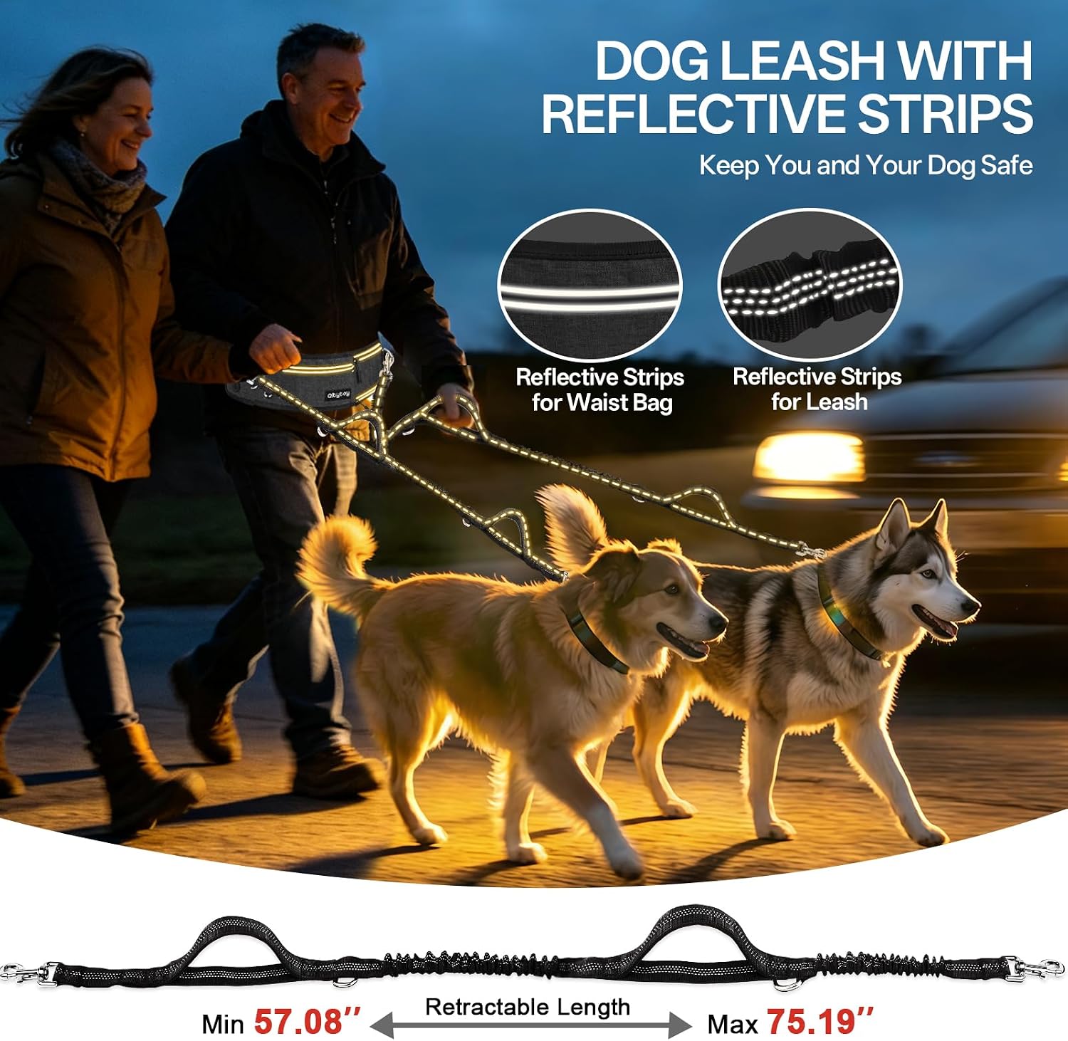 Qltytoy double pet lead package contents detailing the adjustable belt, partitioned pouch, and dual bungee extensions.