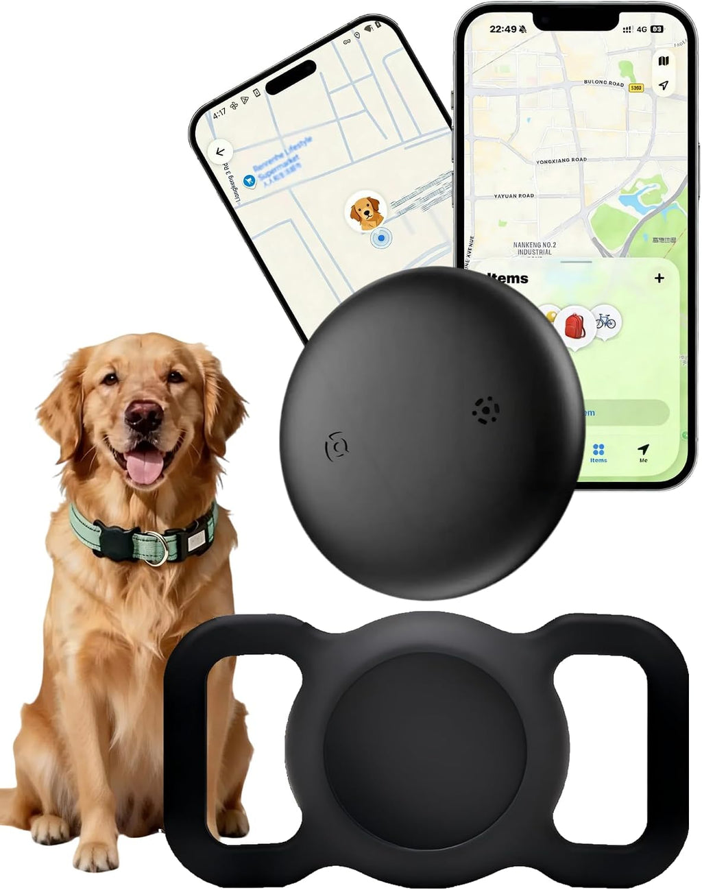 MaviyTxen Universal Smart Pet GPS Tracker front view showing the sleek black finish.
