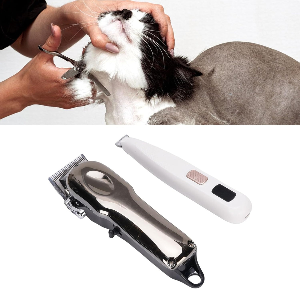 Unboxed view of the complete pet trimmer kit including attachment combs and charging accessories
