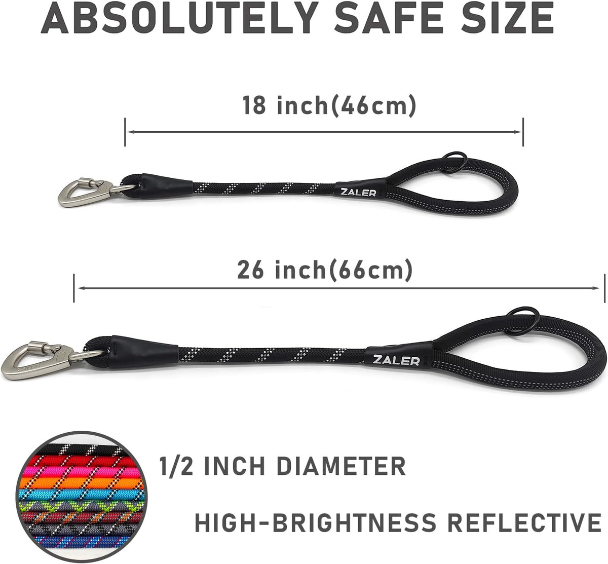 Zaler short dog leash detailed view of the reflective luminous threading