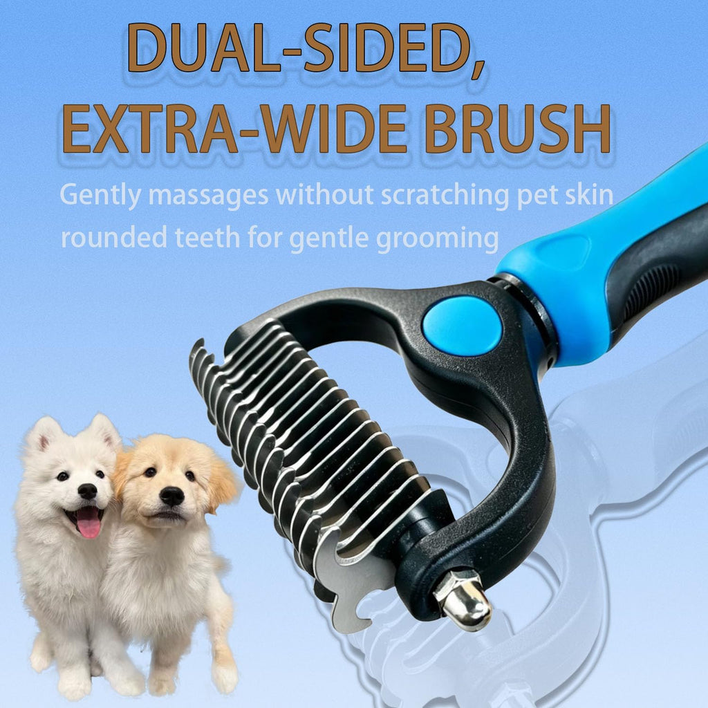 Pet grooming tool clearing matted fur on a long haired double coated dog