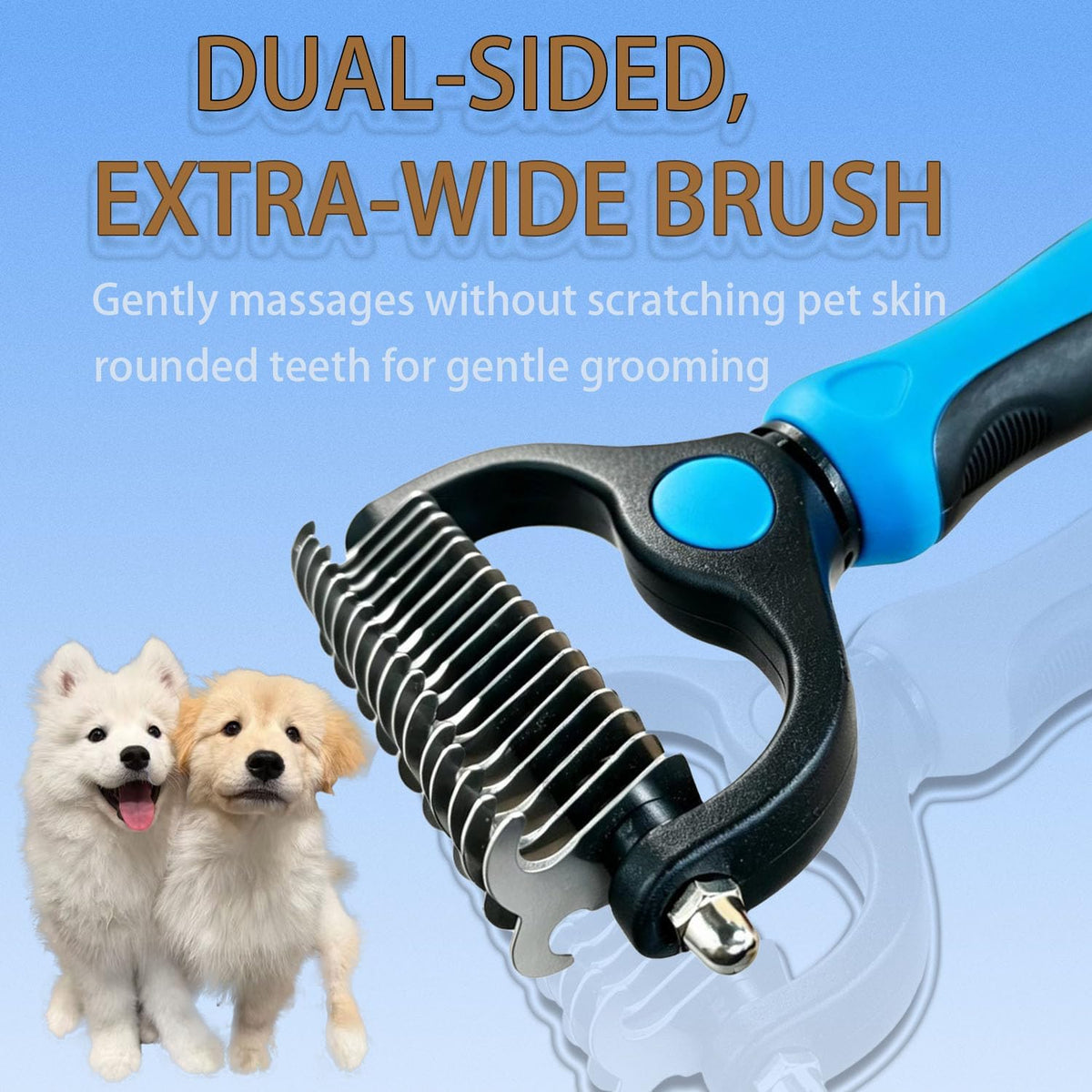 Pet grooming tool clearing matted fur on a long haired double coated dog
