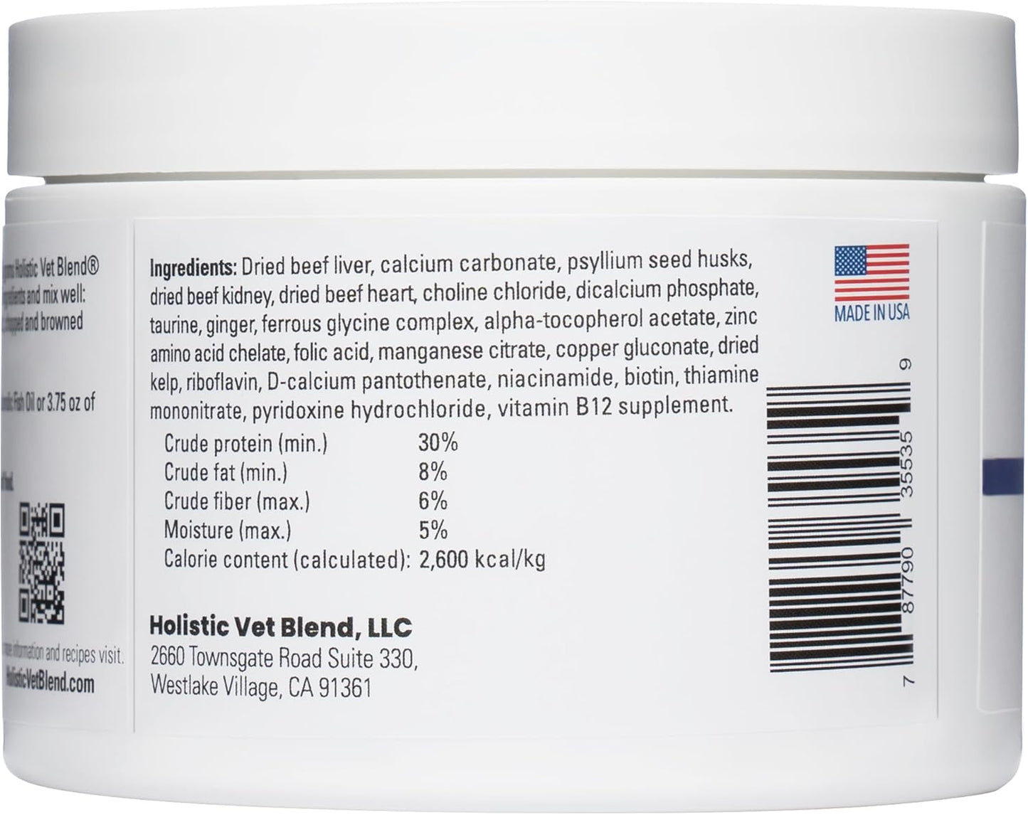 Veterinarian formulated homemade cat food premix powder supplement label details.