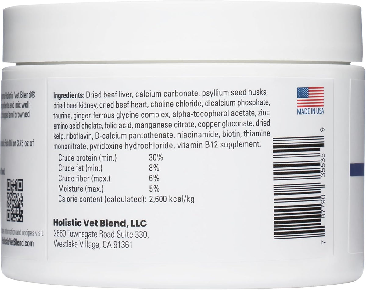 Veterinarian formulated homemade cat food premix powder supplement label details.