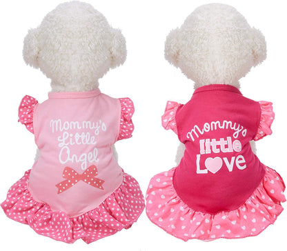 Weewooday 2 pieces dog dresses front view showing mommy love and angel graphics