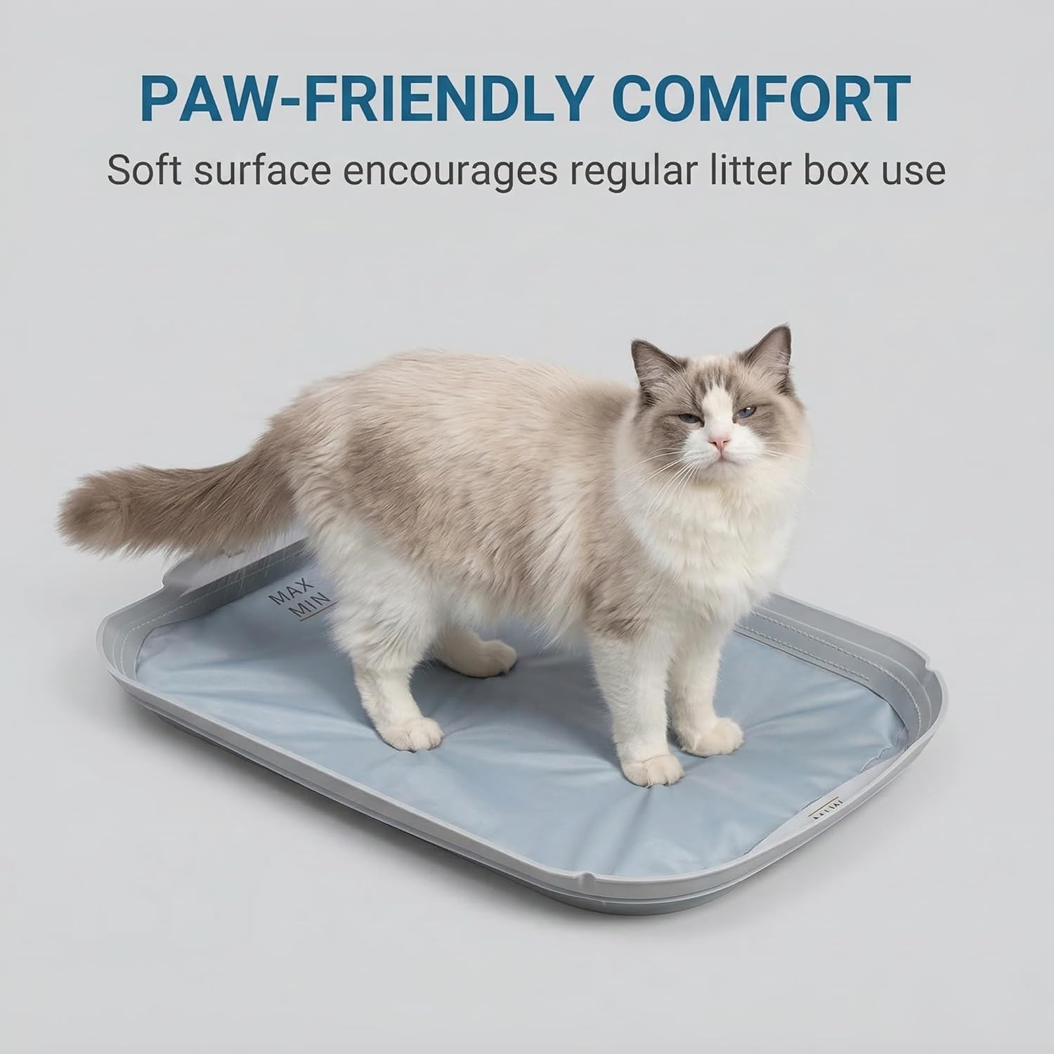 Checpurry fabric basin replacement liner displaying the marked maximum and minimum litter levels.