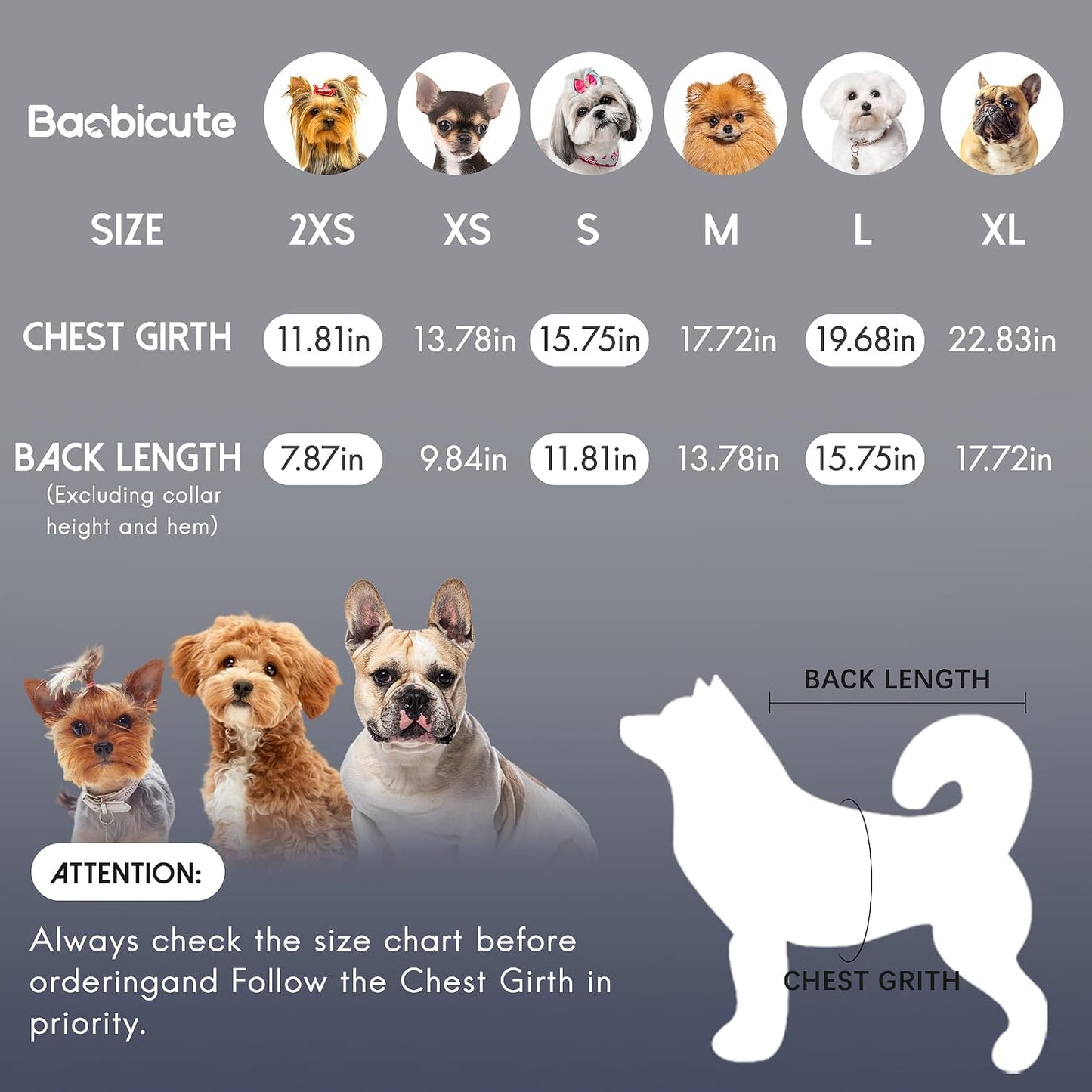 Size chart guide for Baobicute dog clothing