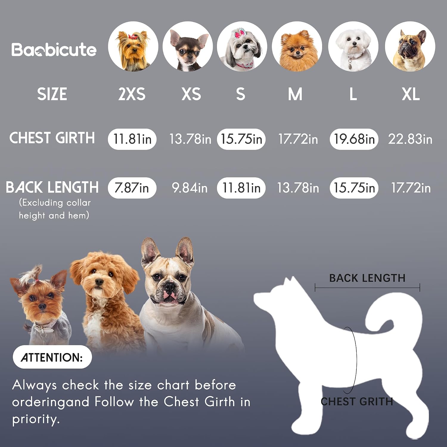 Size chart guide for Baobicute dog clothing