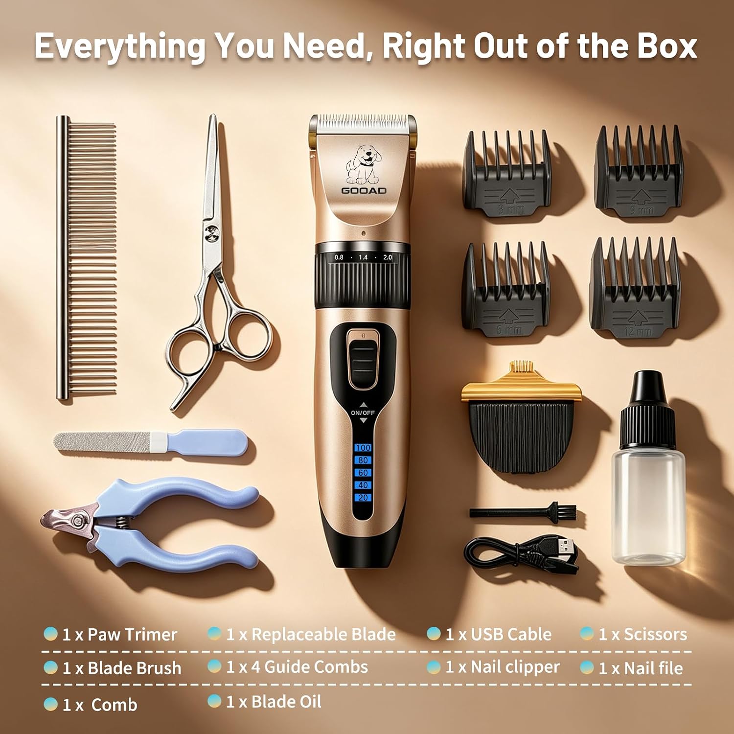 Gooad low noise dog clippers full accessory kit contents