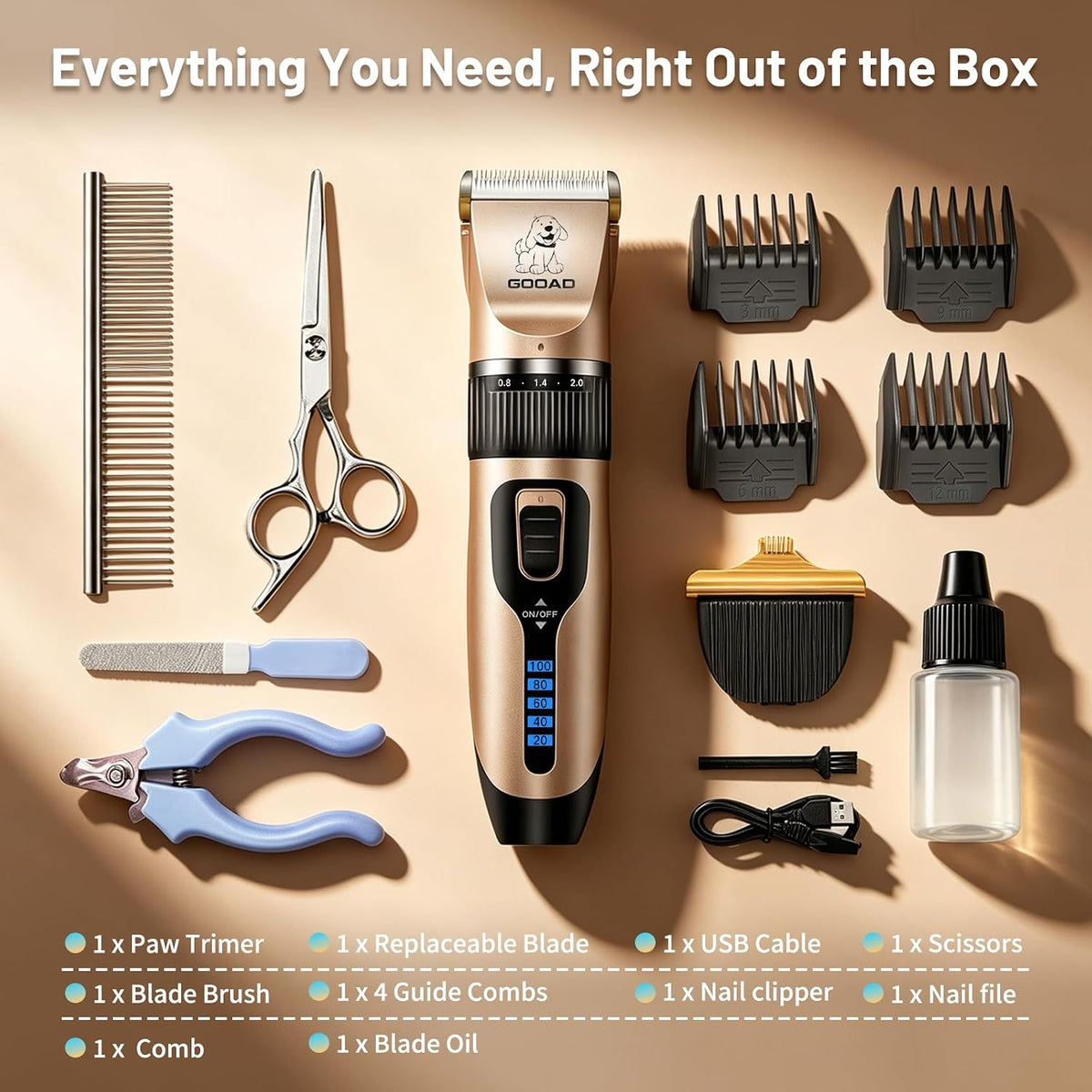 Gooad low noise dog clippers full accessory kit contents