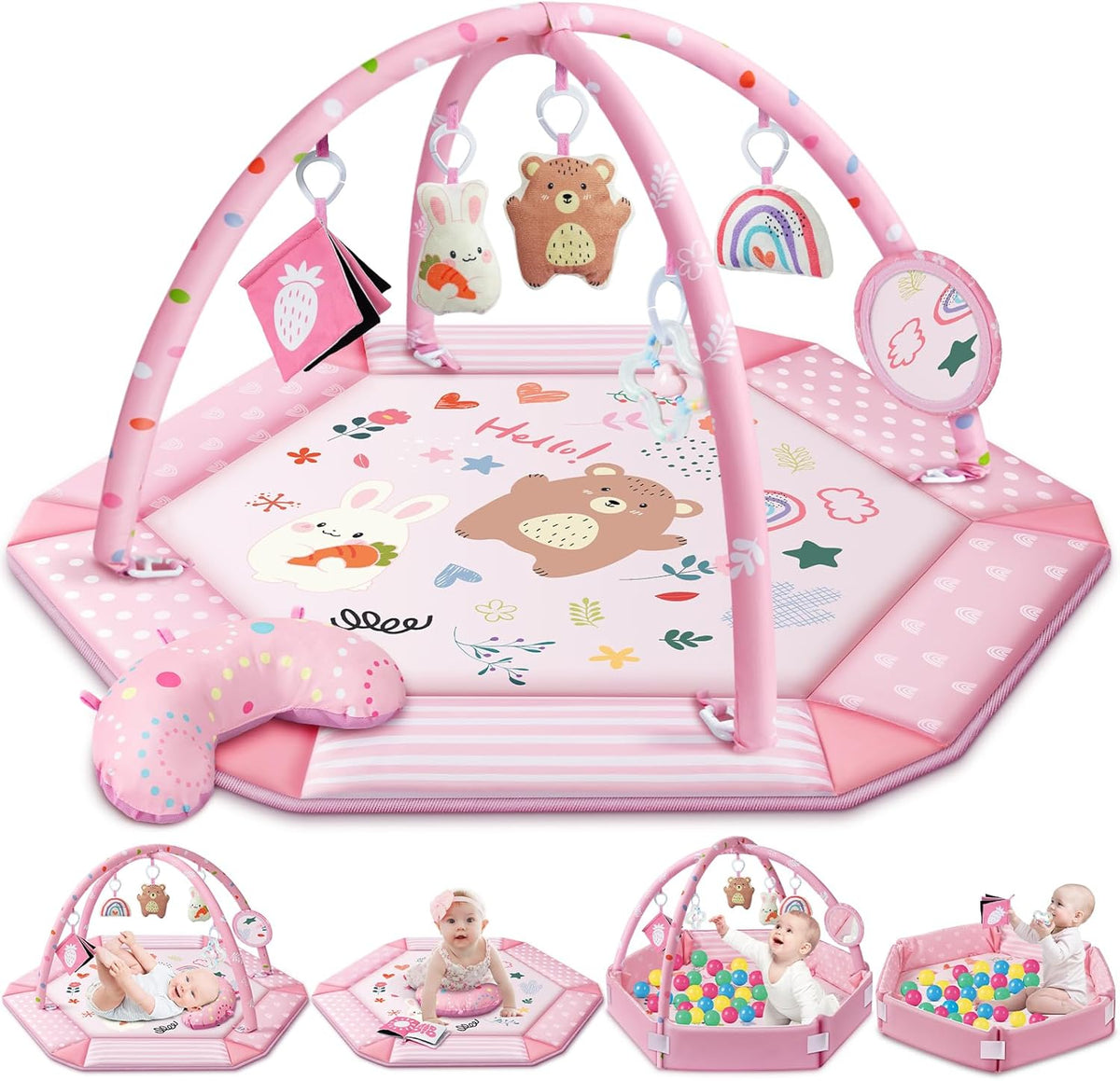 Jyusmile baby gym play mat front view with overhead arches