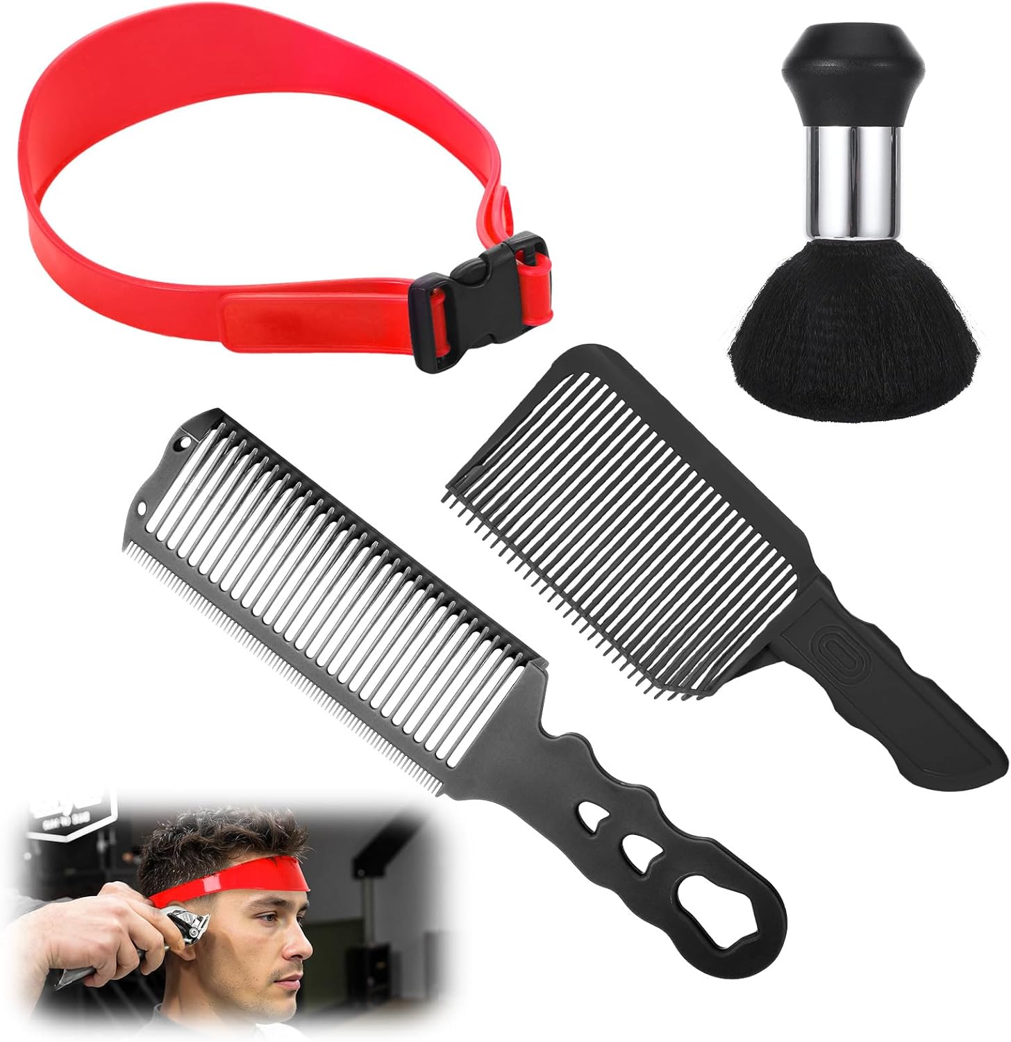 Tookie fade comb for men haircut kit front view showing the red silicone band and black grooming tools