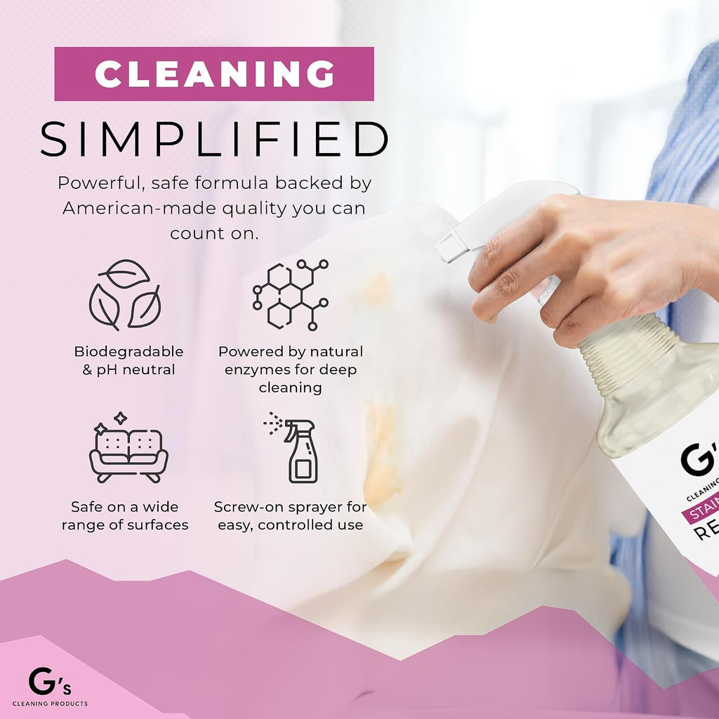 G's Cleaning stain remover spray on hardwood floor surface