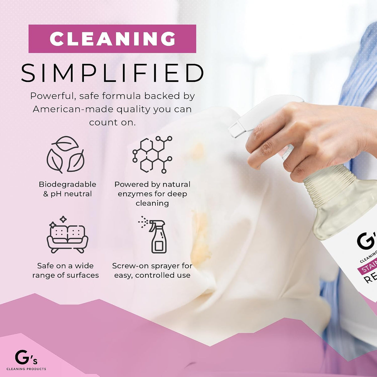 G's Cleaning stain remover spray on hardwood floor surface