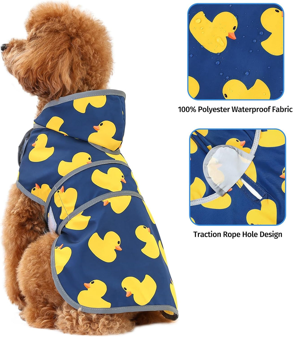 Happiere waterproof hooded pet poncho showing adjustable belly and chest Velcro straps.