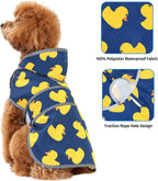 Happiere waterproof hooded pet poncho showing adjustable belly and chest Velcro straps.
