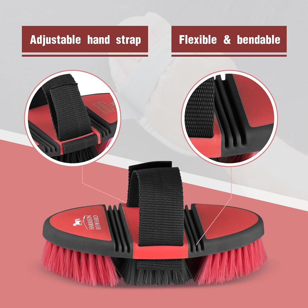 Side profile of flexible red horse grooming brush showing bendable joints