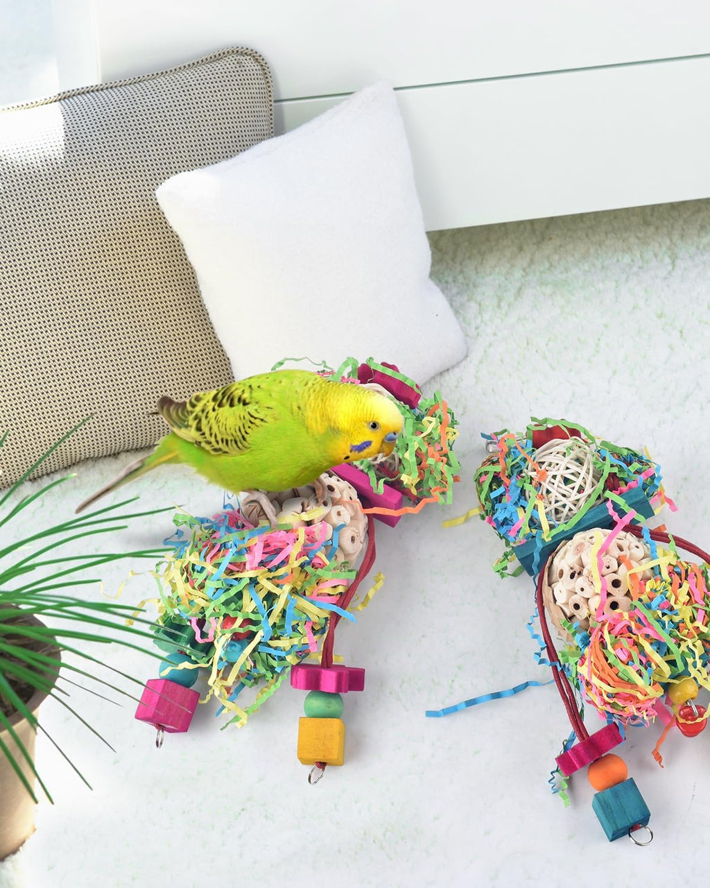 Colorful shreddable paper layers on Bissap parrot toy
