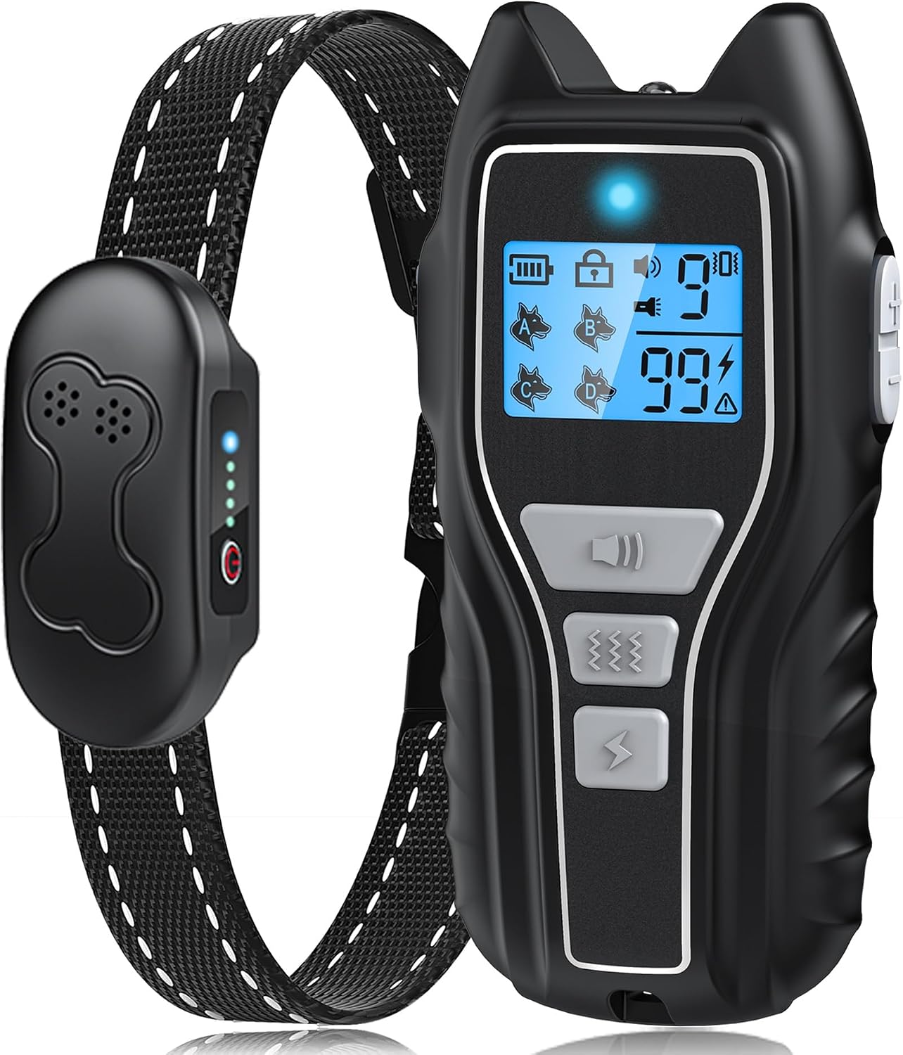 Asrcs dog shock collar with remote control front view showing blue backlit screen